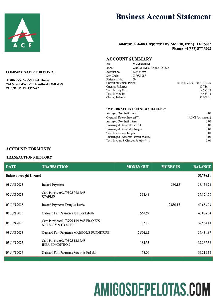 Baixável USA ACE Business Checking modelo de extrato de conta Word e PDF